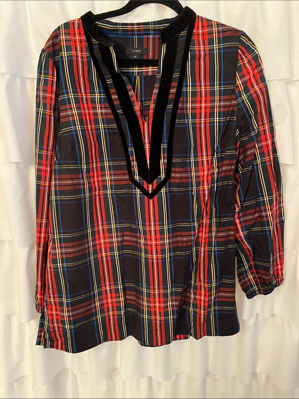 J. Crew Red and Black Plaid Tunic with Velvet Trim